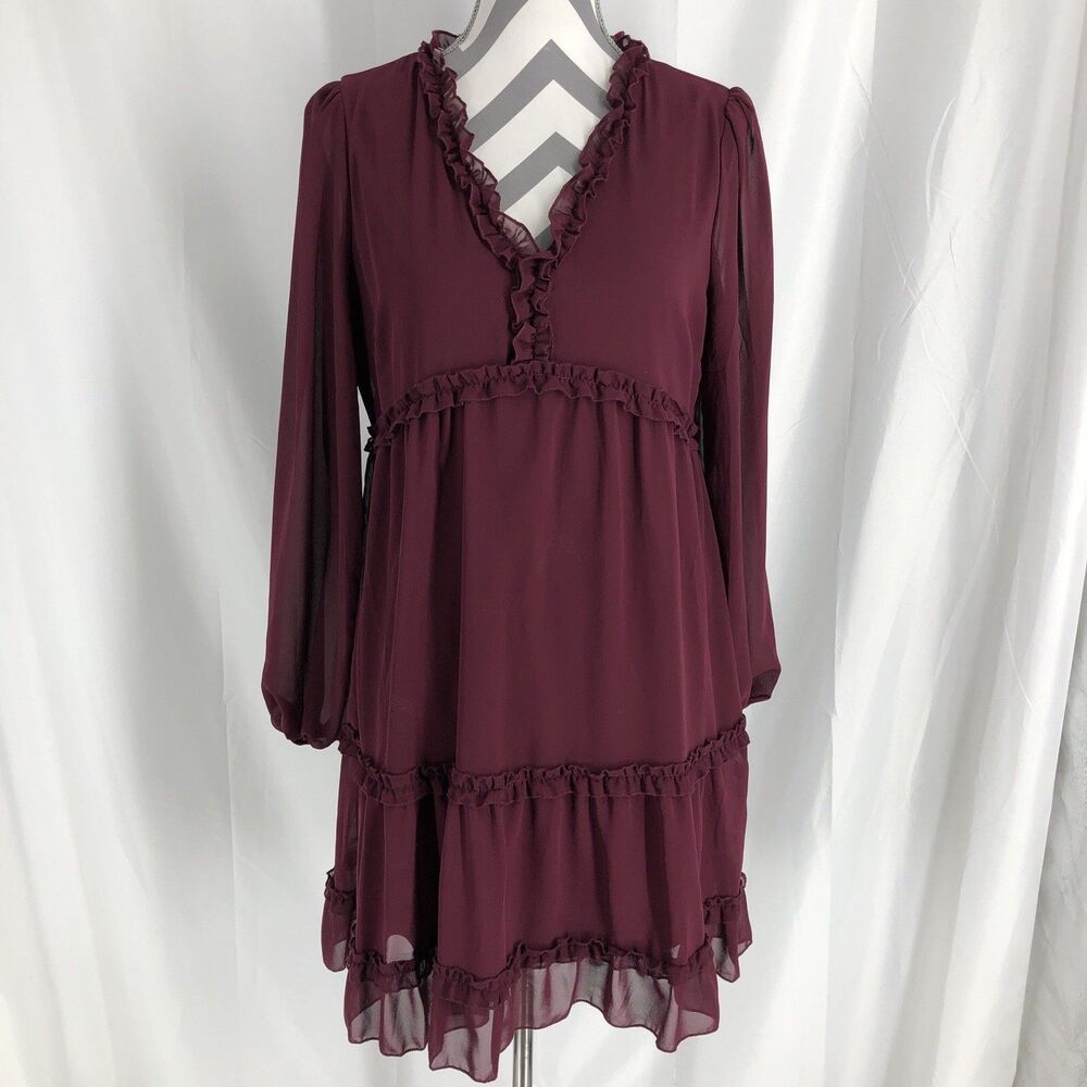 Andree By Unit  Womens Wine Babydoll Long Sleve Mini Dress Lined Small